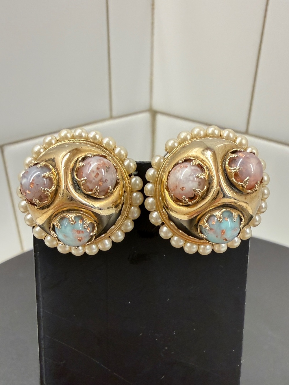 Gold-Tone Pearl Button Clip Earrings with Pastel Cabochons